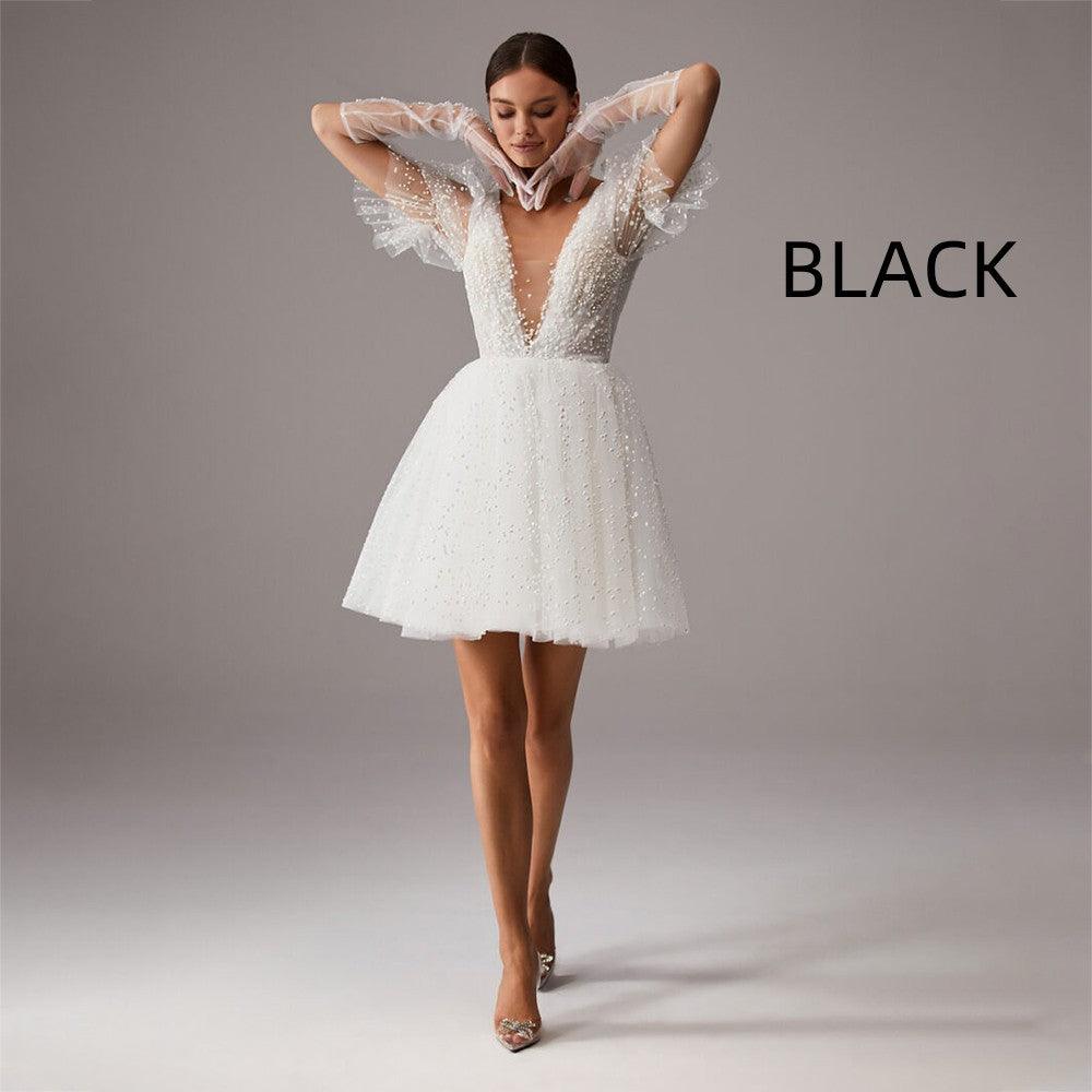 V-Neck Wedding Dress A-Line Short Sleeves Tulle - Nioor