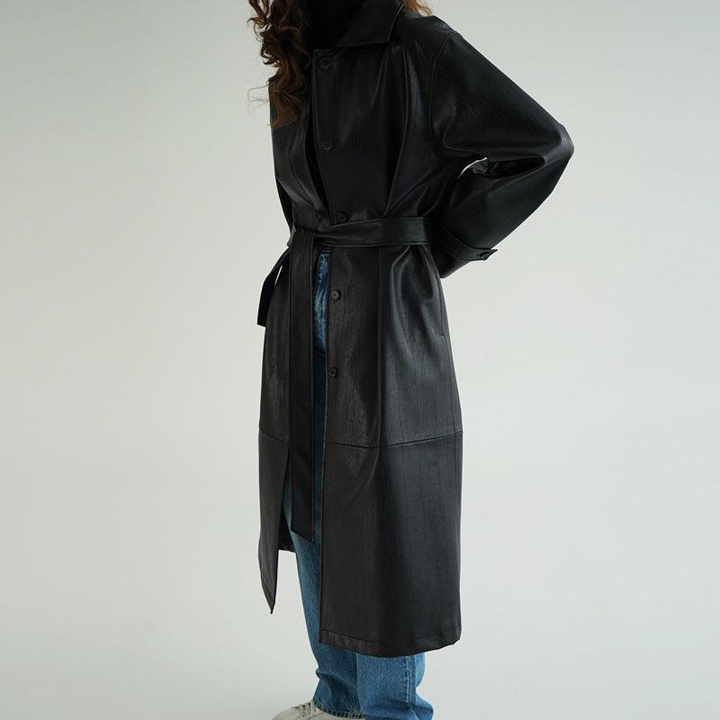 Retro Niche Lapel Waist Belt Single-breasted Long Leather Trench Coat - Nioor