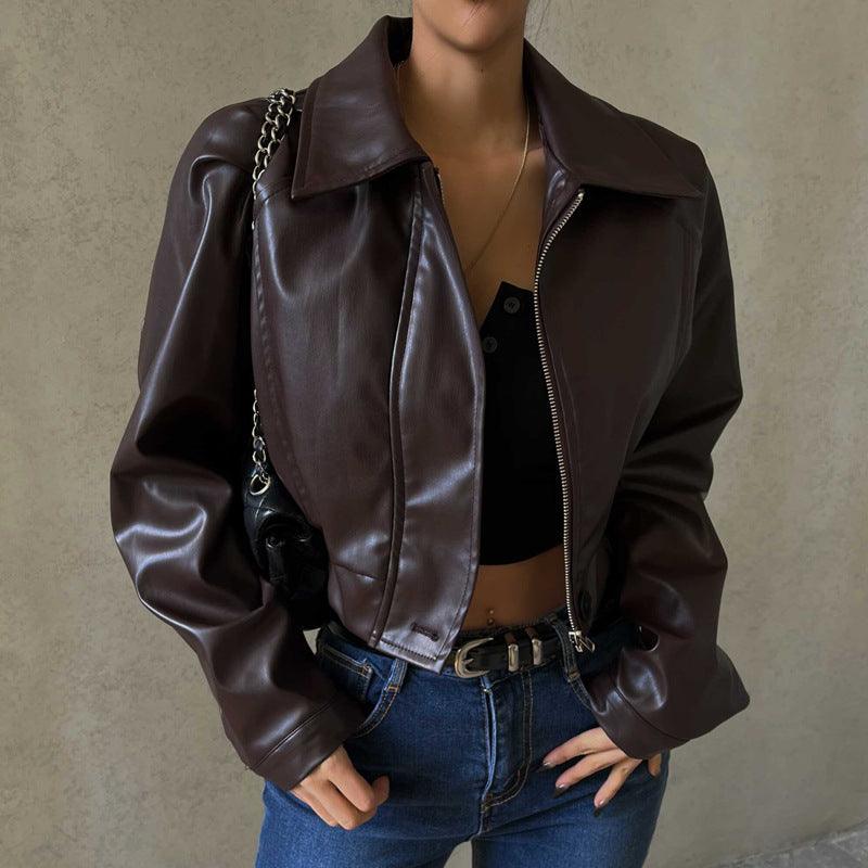 Elegant Retro Zipper PU Leather American Casual Jacket Coat - Nioor