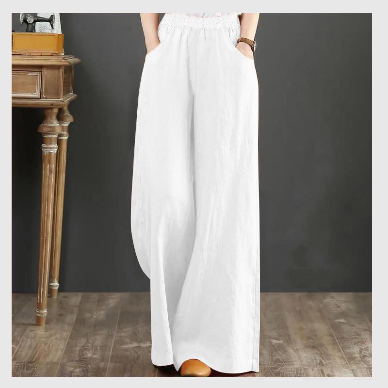 Pure Linen Plus Size Wide Leg Pants Women Drawstring Elastic - Nioor