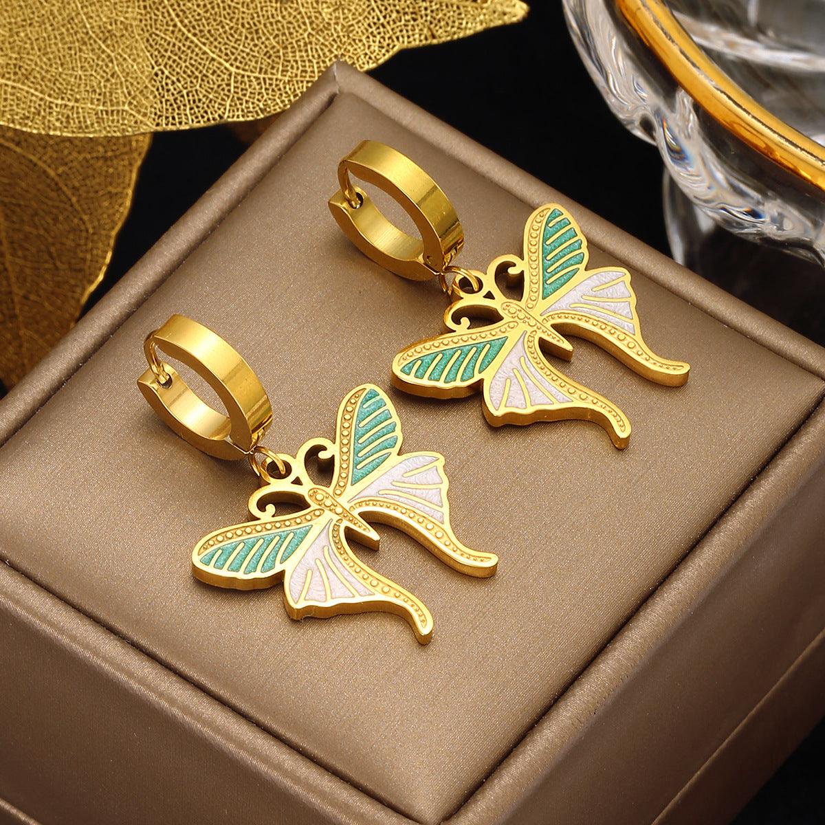 Colorful Oil Necklace Butterfly Earrings High Sense Temperamental Fashionmonger Diamond Ear Hanging - Nioor