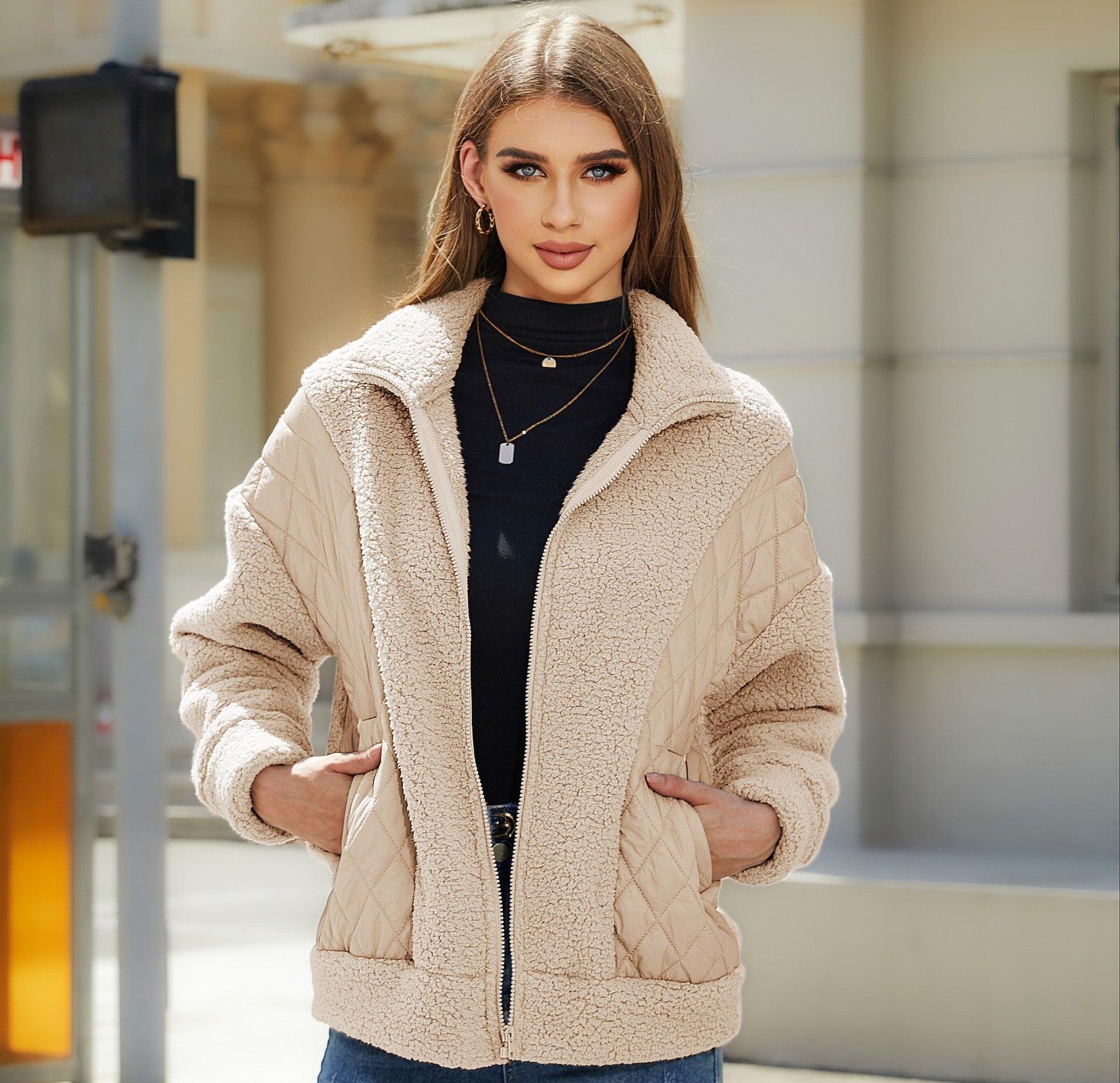 Cardigan Zipper Plush Stitching Women's Coat - Nioor