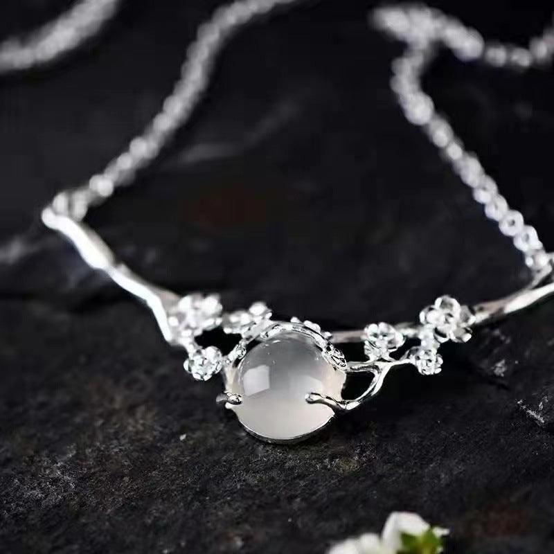 Plated 925 Inlaid Moonlight White Chalcedony Moon Shadow Cold Plum Necklace - Nioor