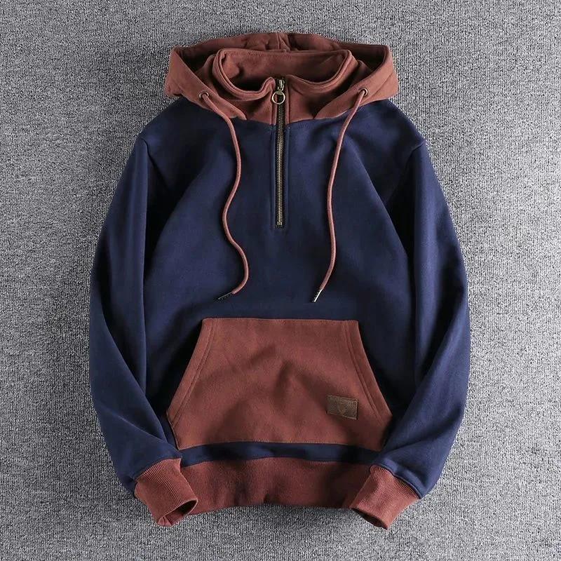 Trendy Autumn And Winter Fleece-lined Thickened Hooded Sweatshirt Men's Retro Trendy Contrast Color New Youth Stand Collar - Nioor