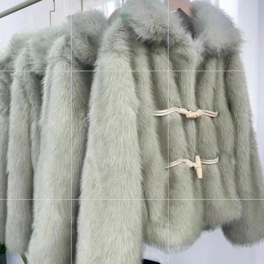 Green Horn Button Green Fur Short Plush Coat - Nioor