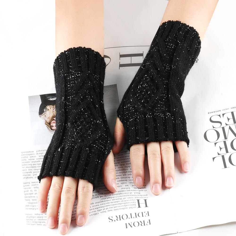 Shiny Silver Silk Knitting Wool Gloves Diamond-shaped Missing Finger - Nioor