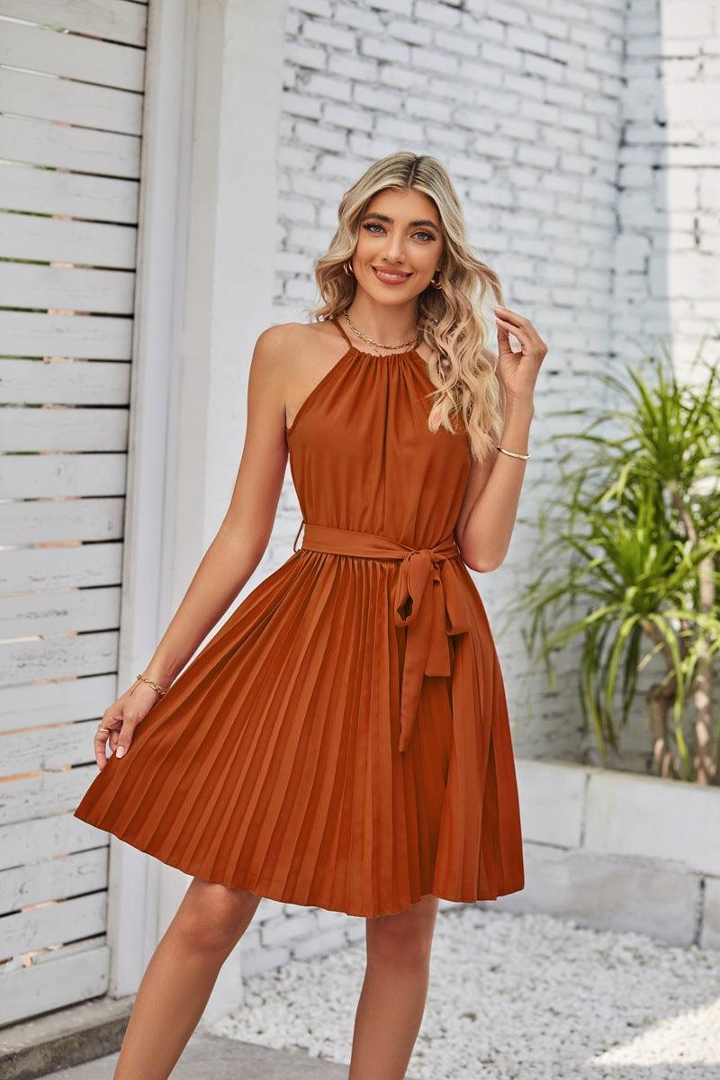 Women's Fashion Elegant Halter Lace-up Sleeveless Pleated Mini Dress - Nioor