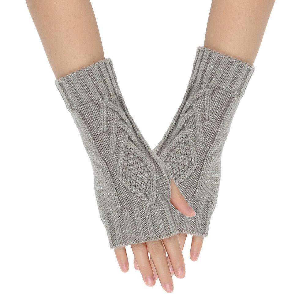 Shiny Silver Silk Knitting Wool Gloves Diamond-shaped Missing Finger - Nioor