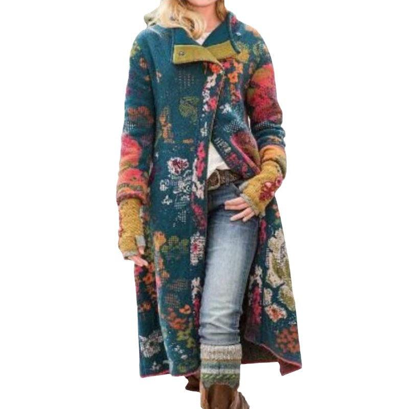 Women's Printed Long Patchwork Coat - Nioor