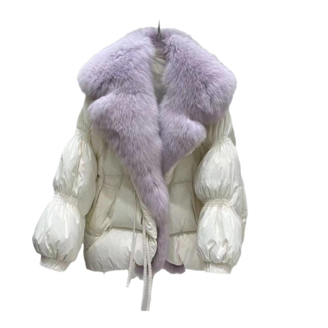 Short Loose Big Fur Collar White Duck Down Jacket Women's Coat - Nioor