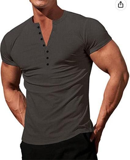 Men's Solid Color Buttons V-neck Slim T-shirt - Nioor