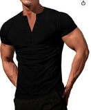 Men's Solid Color Buttons V-neck Slim T-shirt - Nioor