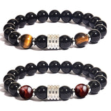 Stainless Steel Tiger Eye Obsidian Bright Black Beads Men's Bracelet