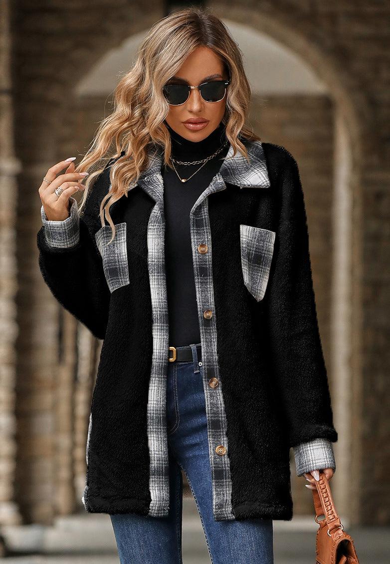 Women's Fashion Single-breasted Lapel Mid-length Plaid Plush Coat - Nioor