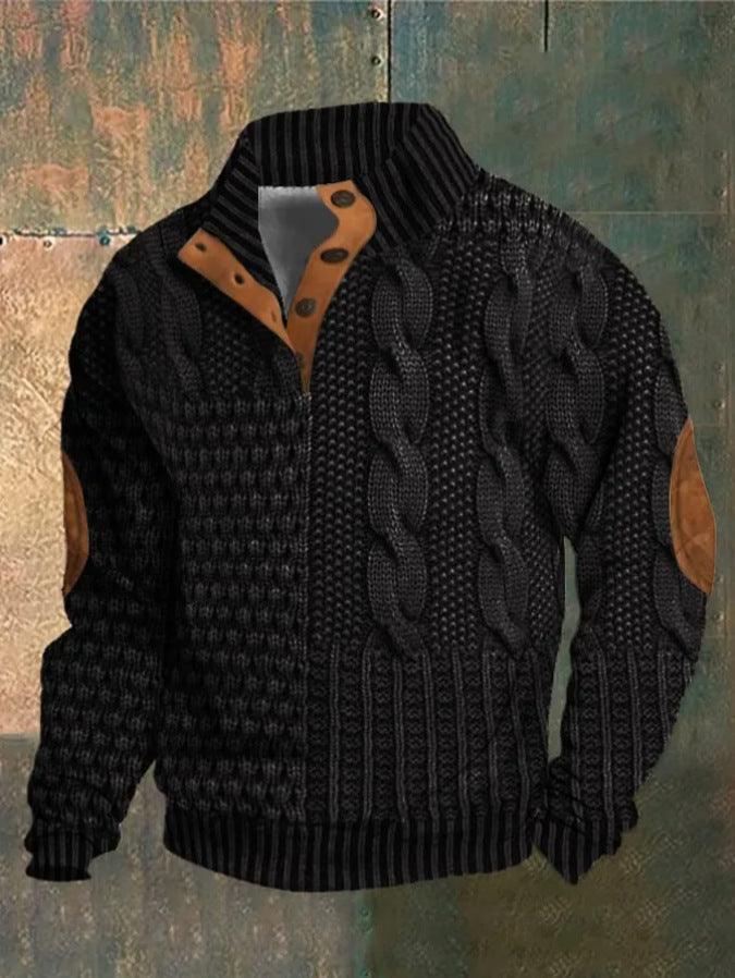 Digital Vintage Printed Stand Collar Button Sweater For Men - Nioor