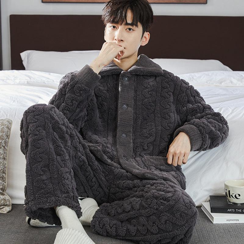 Pajamas Men's Jacquard Flannel Loose Fleece-lined Warm Loungewear - Nioor