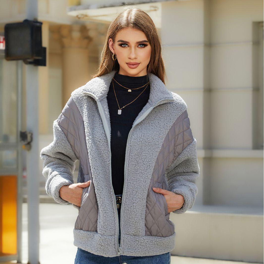 Women's Zipper Plush Stitching Coat - Nioor