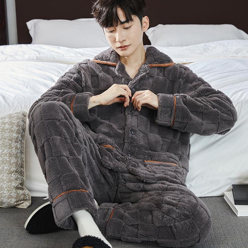 Pajamas Men's Jacquard Flannel Loose Fleece-lined Warm Loungewear - Nioor