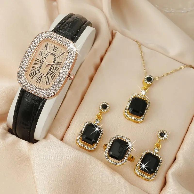 Women's Fashion All-match Diamond Belt Quartz Watch 4-piece Set - Nioor