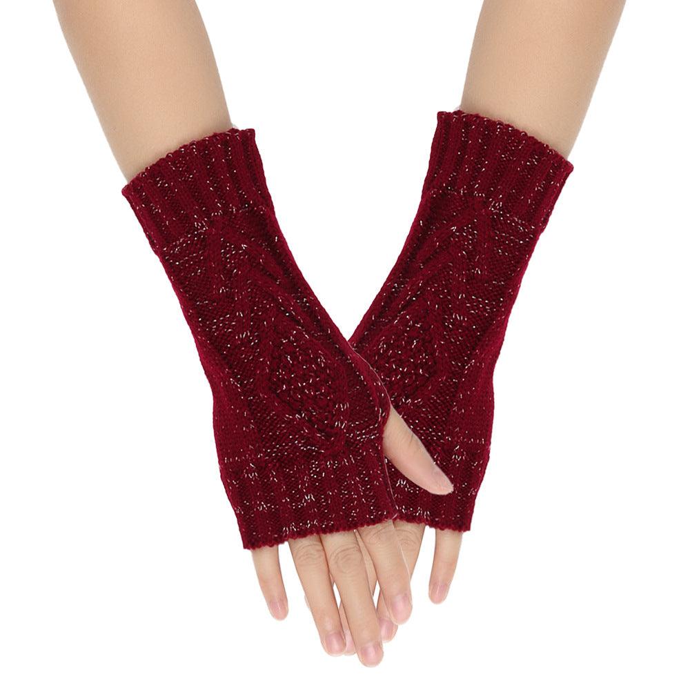 Shiny Silver Silk Knitting Wool Gloves Diamond-shaped Missing Finger - Nioor