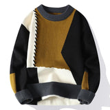Vintage Sweater Men's Color Contrast Patchwork Round Neck Loose Knitted Sweater - Nioor