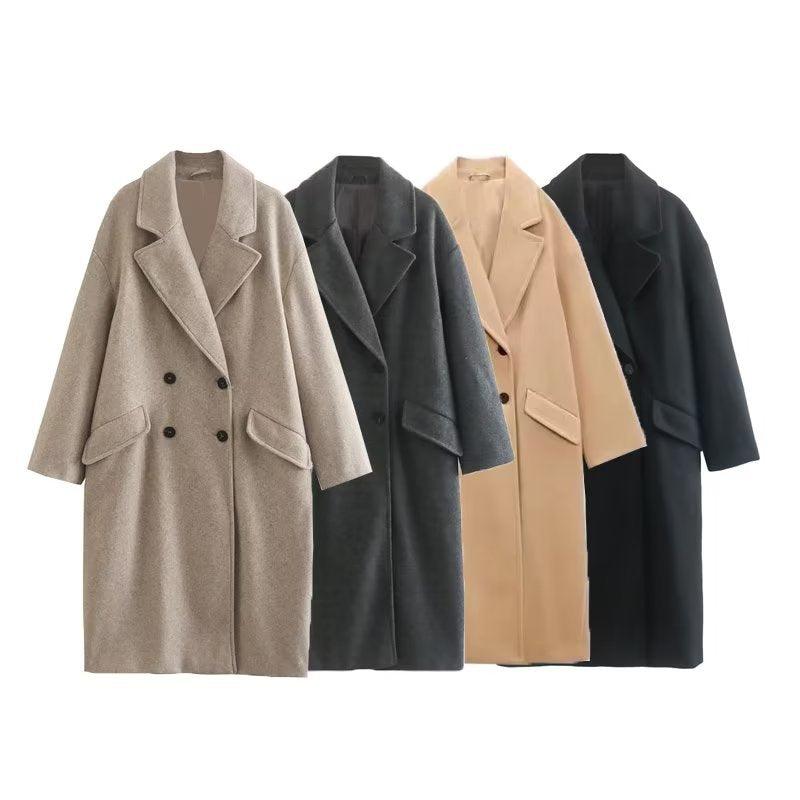 Women's Casual Double-breasted Long-sleeved Lapel Woolen Coat - Nioor