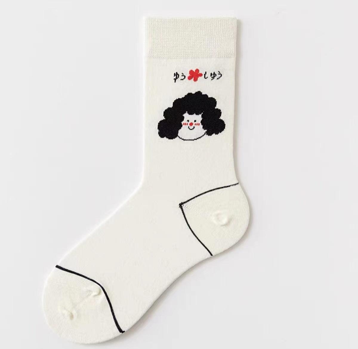 Women's Black And White Cartoon Mid-calf Length Loose Socks - Nioor