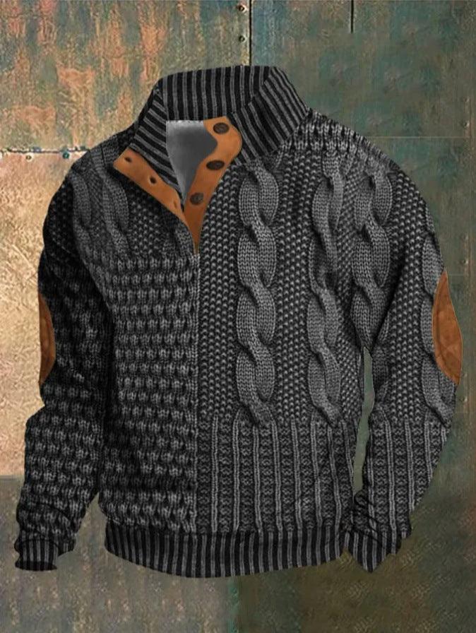 Digital Vintage Printed Stand Collar Button Sweater For Men - Nioor