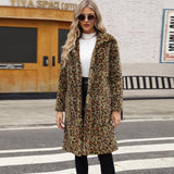 Women's Leopard Print Imitation Fur Plush Lapel Coat - Nioor