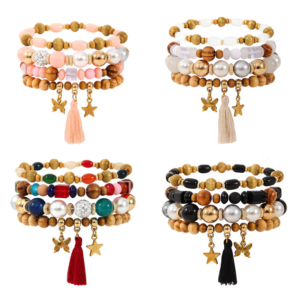 Ethnic Wooden Bead Tassel Bracelet Suit