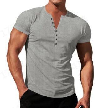 Men's Solid Color Buttons V-neck Slim T-shirt - Nioor