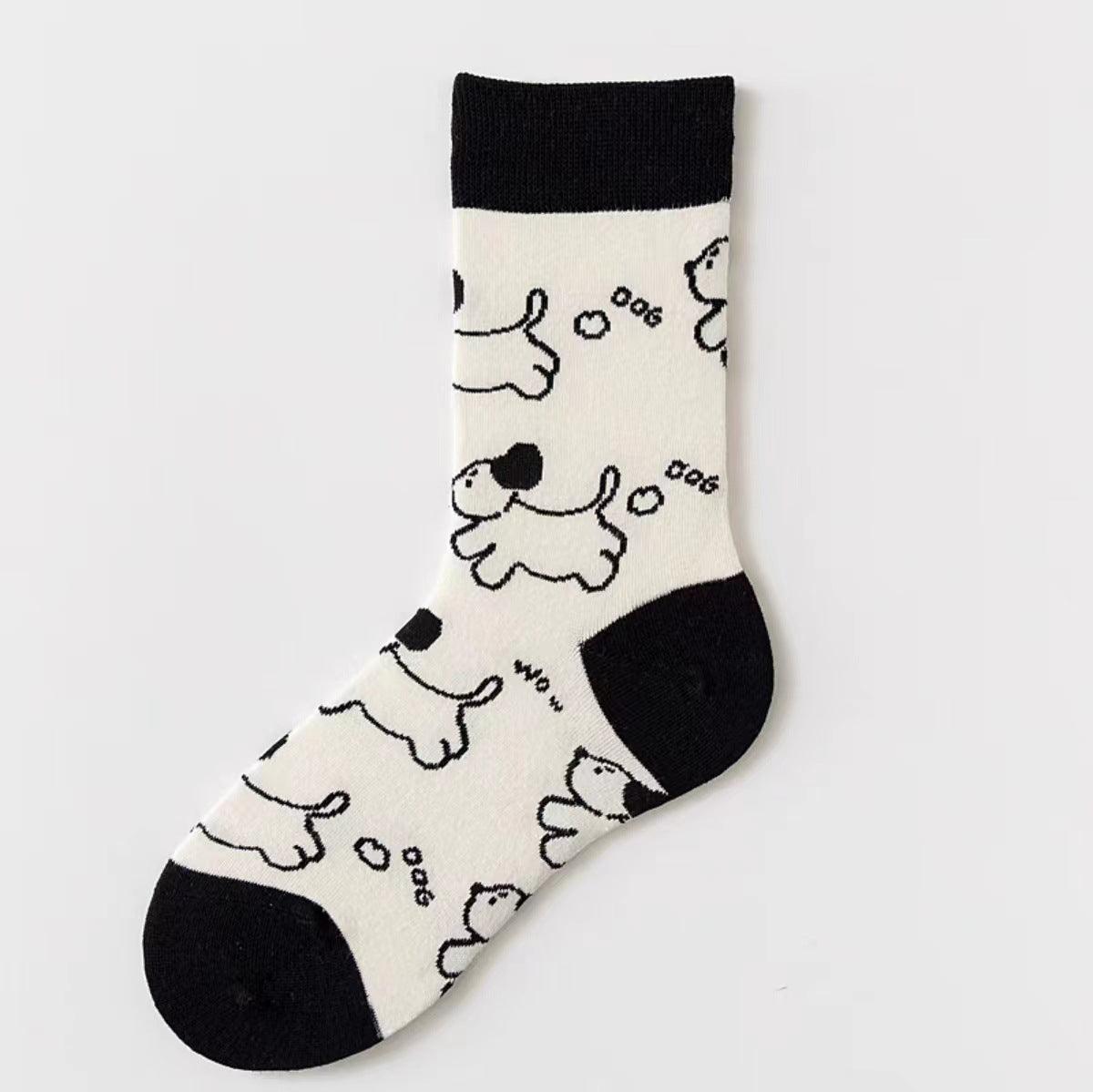 Women's Black And White Cartoon Mid-calf Length Loose Socks - Nioor