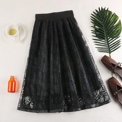 Spring And Summer Elastic High Waist Slimming Lace Crochet Hollow Large Swing A- Line Umbrella Skirt - Nioor