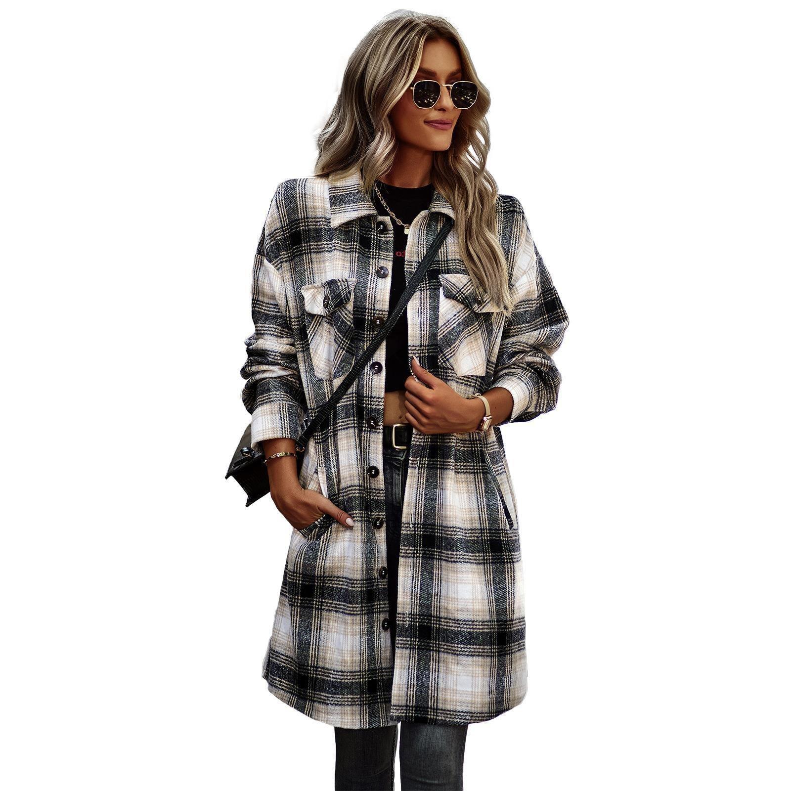 Temperament Leisure Long Plaid Tup Cardigan Coat - Nioor