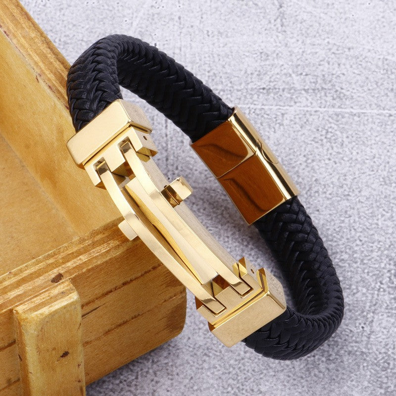 Men's Fashion Personality Stainless Steel Geometric Leather Bracelet