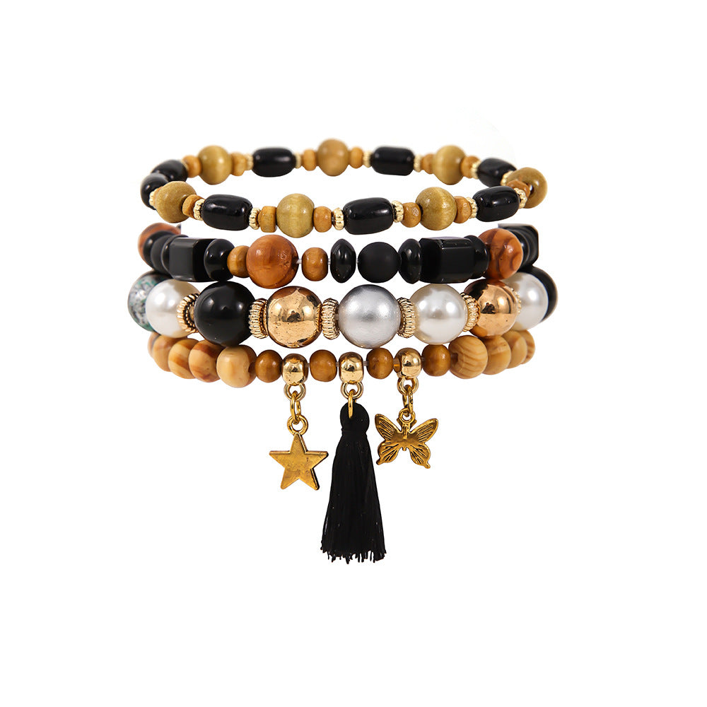 Ethnic Wooden Bead Tassel Bracelet Suit