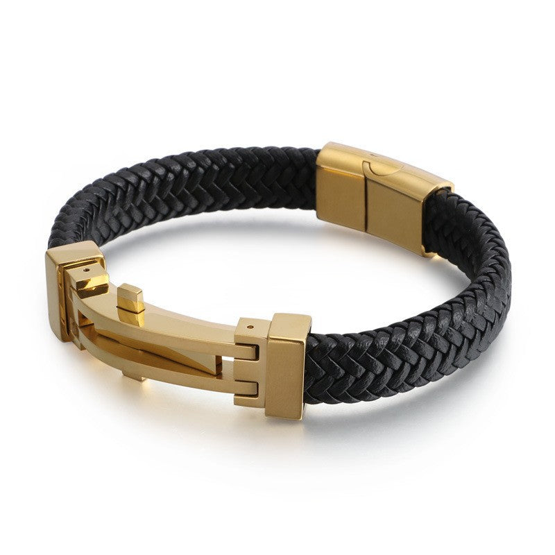 Men's Fashion Personality Stainless Steel Geometric Leather Bracelet