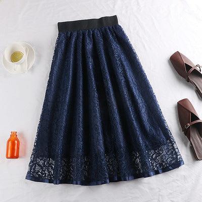 Spring And Summer Elastic High Waist Slimming Lace Crochet Hollow Large Swing A- Line Umbrella Skirt - Nioor