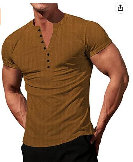 Men's Solid Color Buttons V-neck Slim T-shirt - Nioor