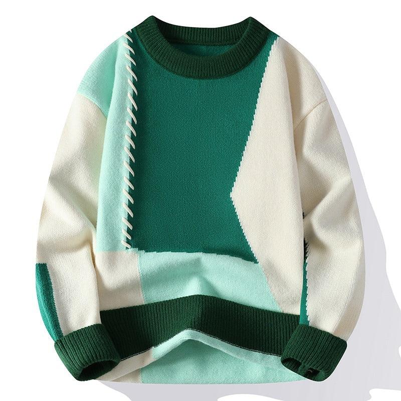 Vintage Sweater Men's Color Contrast Patchwork Round Neck Loose Knitted Sweater - Nioor