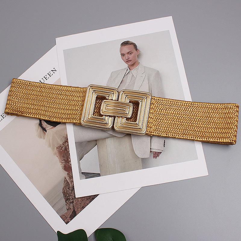 Square Metal Buckle Jute Wide Belt - Nioor