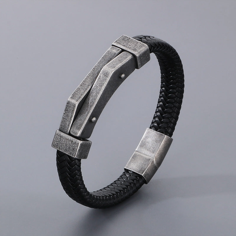 Men's Fashion Personality Stainless Steel Geometric Leather Bracelet