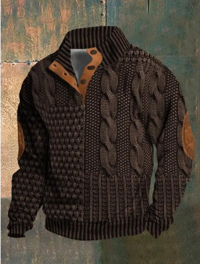 Digital Vintage Printed Stand Collar Button Sweater For Men - Nioor