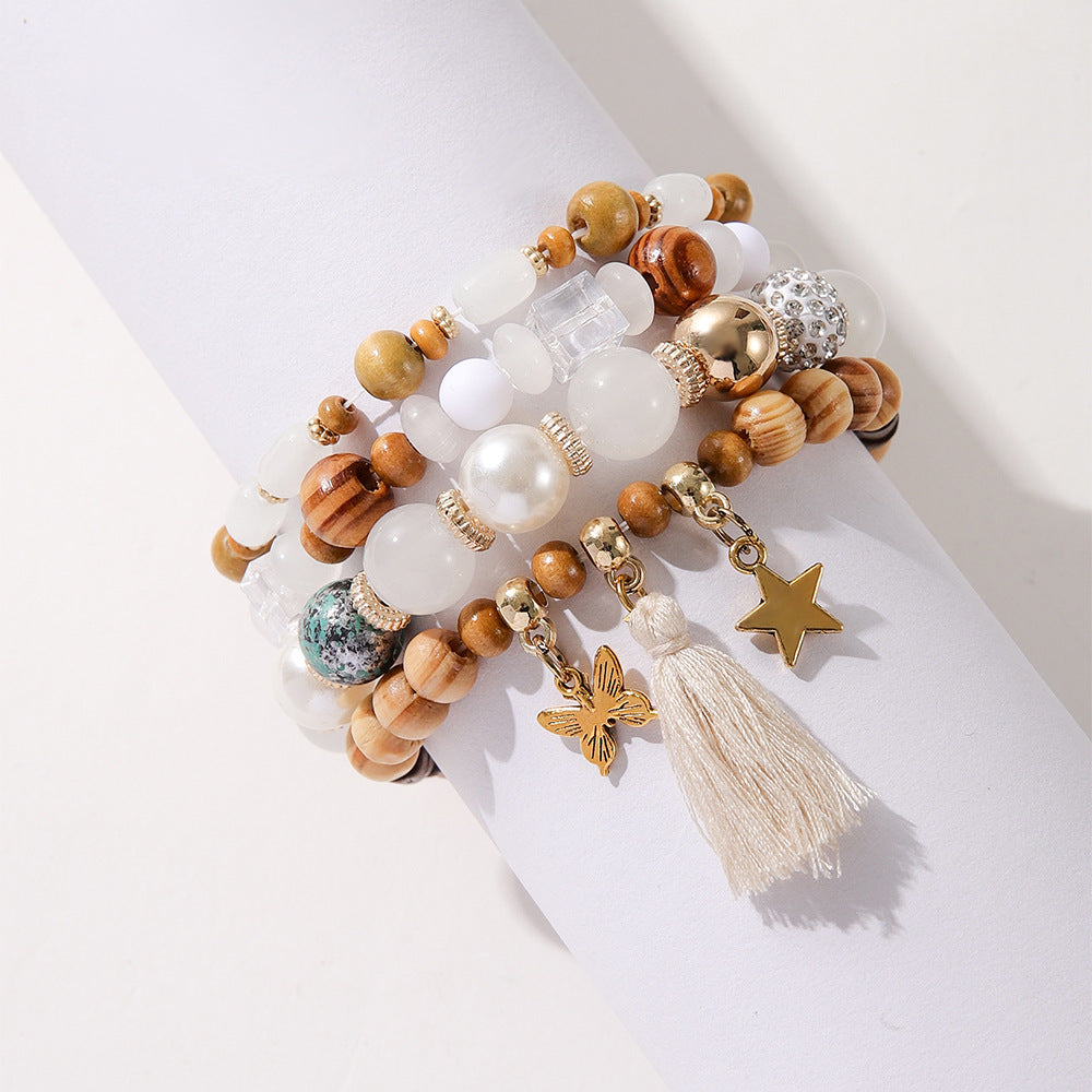 Ethnic Wooden Bead Tassel Bracelet Suit