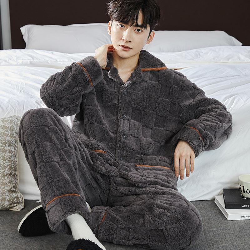 Pajamas Men's Jacquard Flannel Loose Fleece-lined Warm Loungewear - Nioor