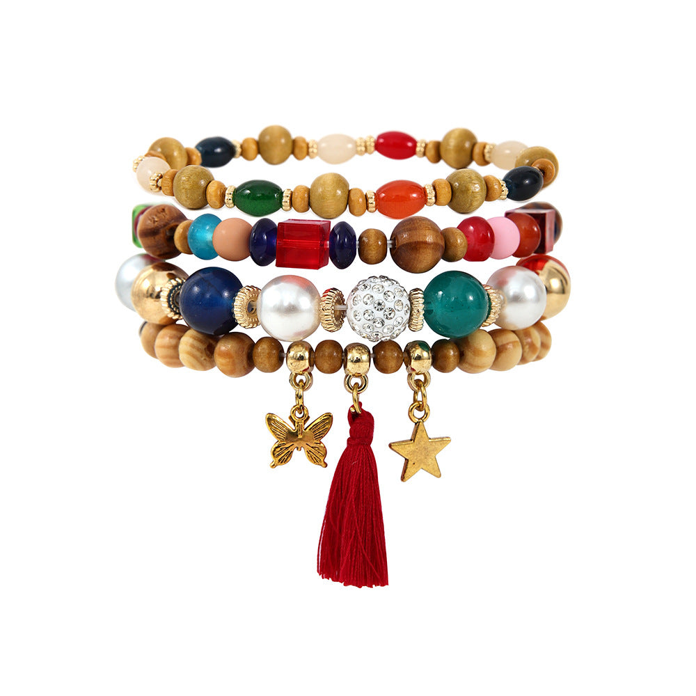 Ethnic Wooden Bead Tassel Bracelet Suit