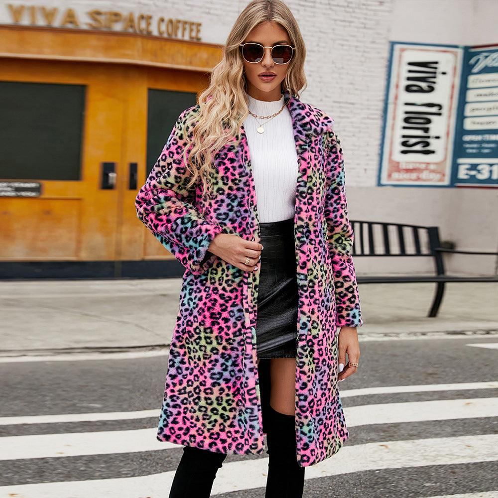 Women's Leopard Print Imitation Fur Plush Lapel Coat - Nioor