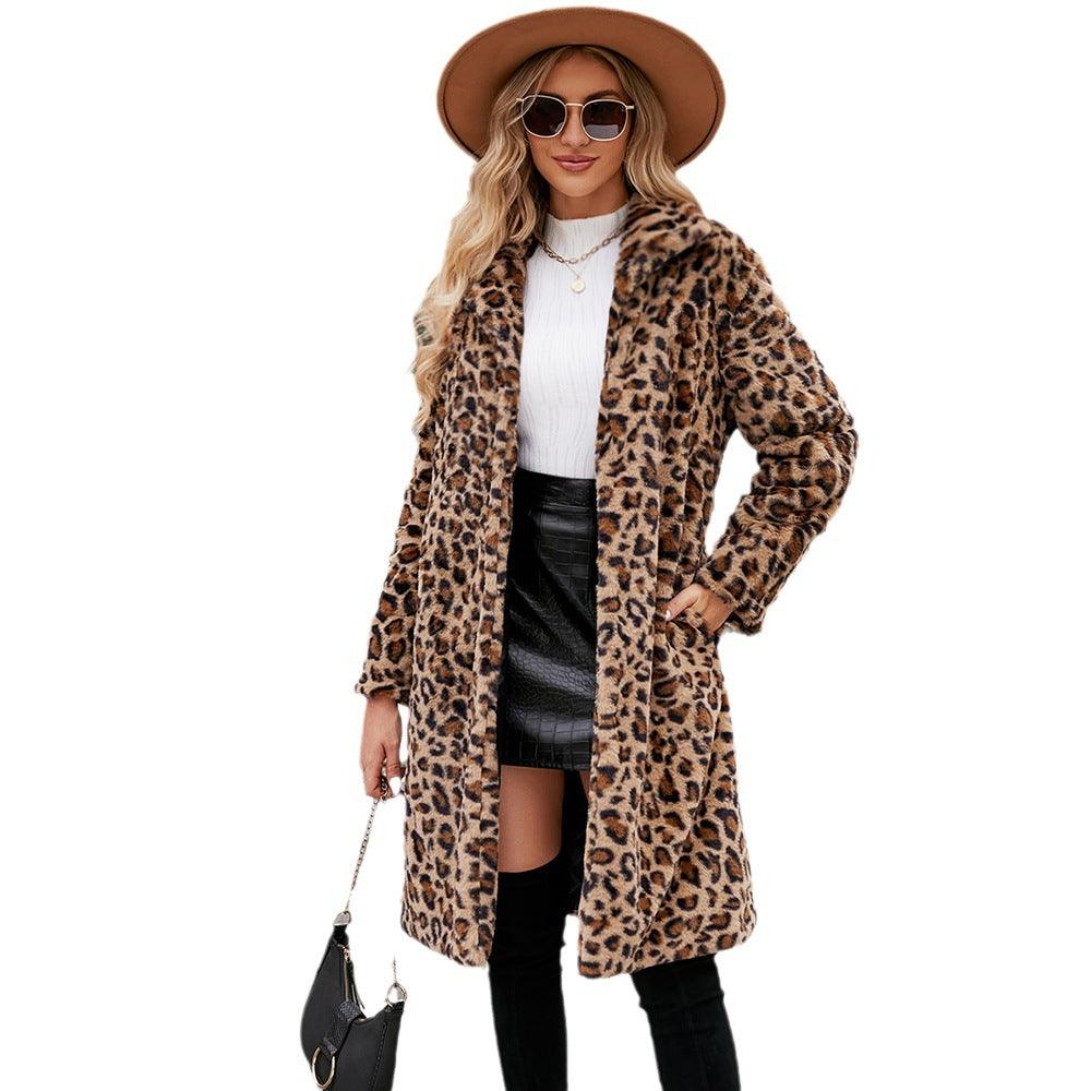 Women's Leopard Print Imitation Fur Plush Lapel Coat - Nioor