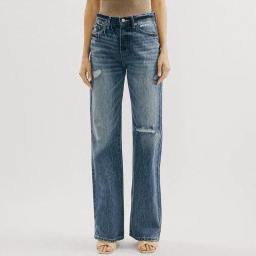 European And American Ins Retro Hong Kong Style High Waist Jeans Wide Leg Ripped - Nioor