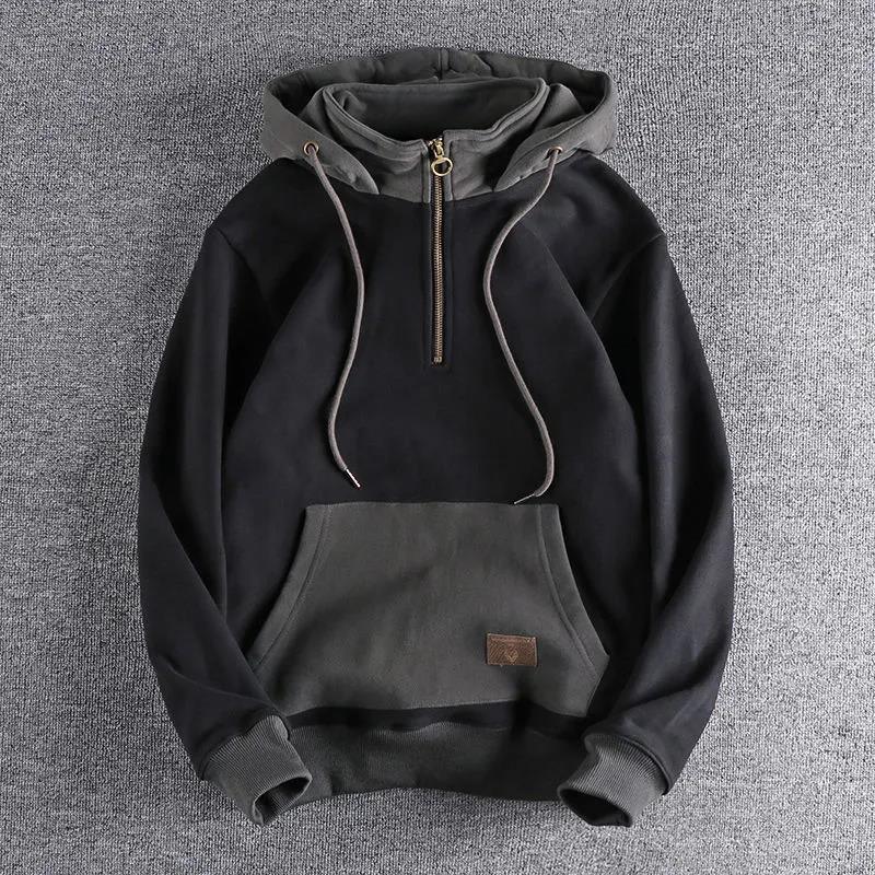 Trendy Autumn And Winter Fleece-lined Thickened Hooded Sweatshirt Men's Retro Trendy Contrast Color New Youth Stand Collar - Nioor